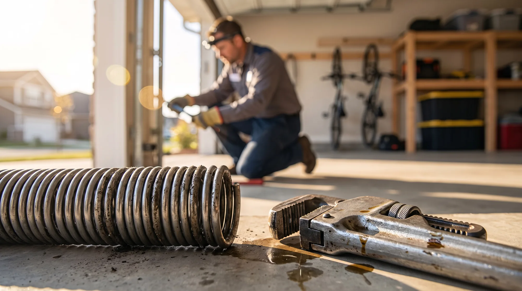 Broken garage door torsion spring and a pipe wrench lying on a garage floor while a technician works on the door in the background