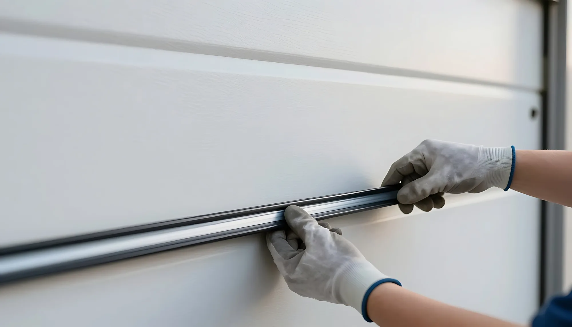 Gloved hands fitting a dark seal strip into the joint between two white garage door panels